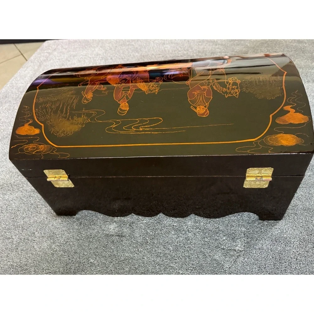 Vintage Japanese Chinese Lacquer Jewelry Box‎ Horse Scene Brass Lock
